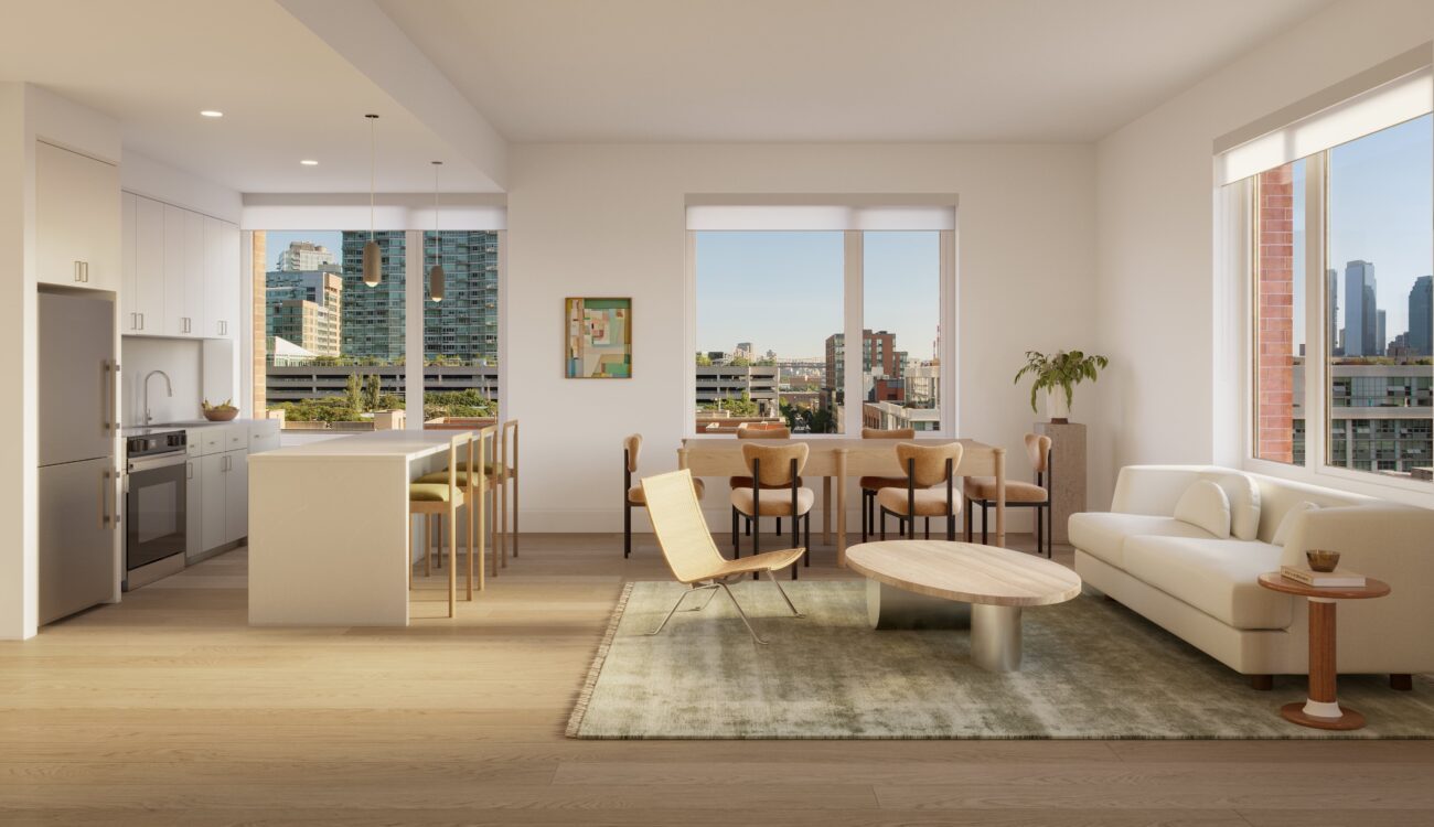 Luxury rental 1 bedroom residence with kitchen island, quartz countertops, and views of Long Island City.