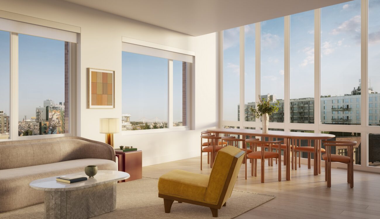 Luxury rental residence with modern design, double height floor-to-ceiling windows, and Long Island City views.