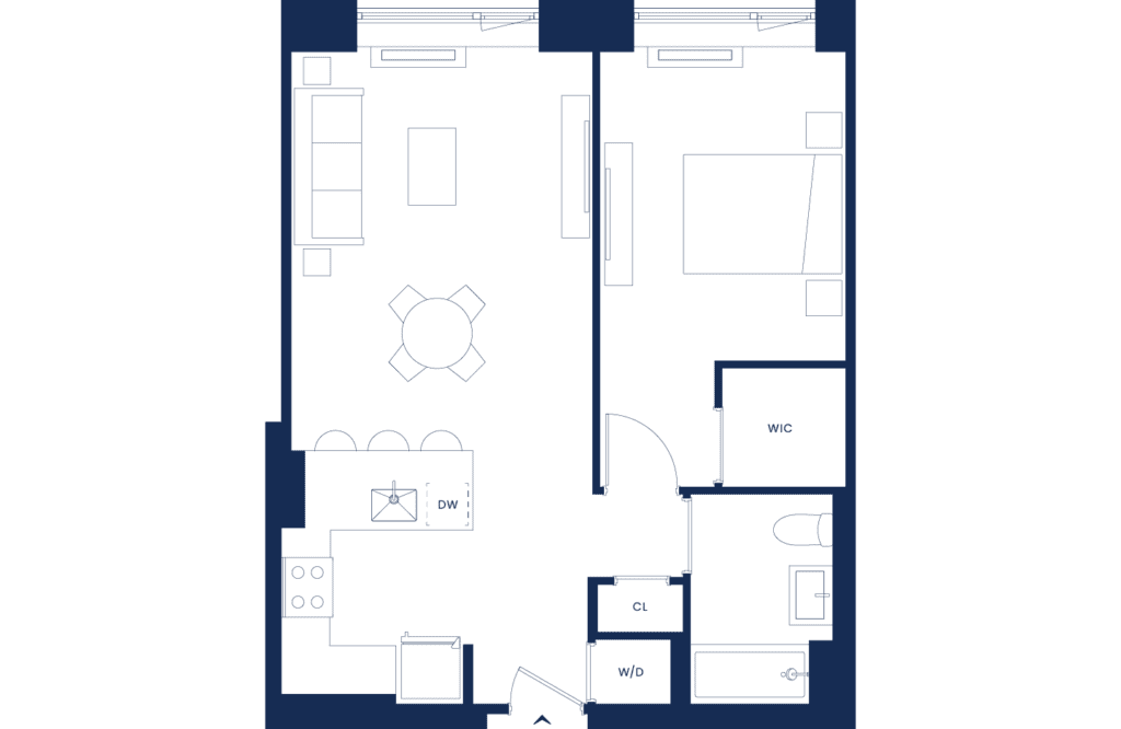 Classic 1 Bedroom Floorplan in West Tower, Floors 2-9