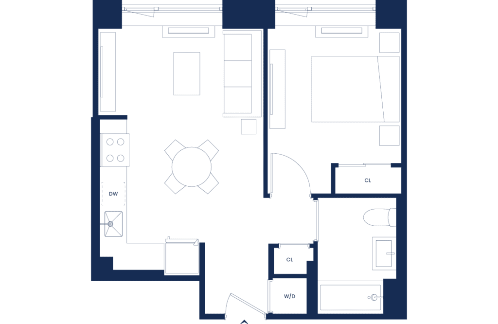 Furnished Lux 1 Bedroom Floorplan, West Tower Floors 2-11