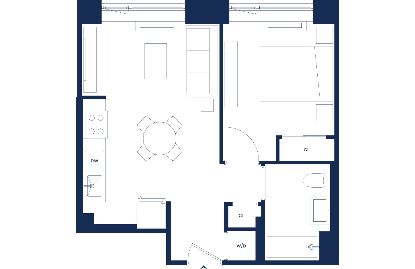 Furnished Lux 1 Bedroom Floorplan, West Tower Floors 2-11