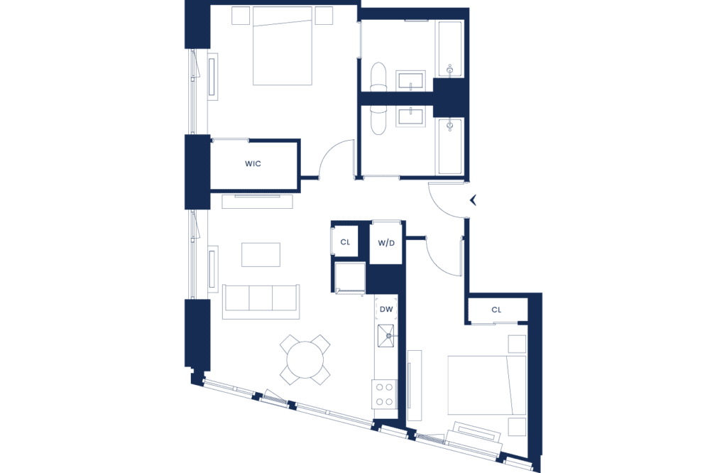 2 Bedroom West Tower Floorplan Floors 2, 4, 8, & 12