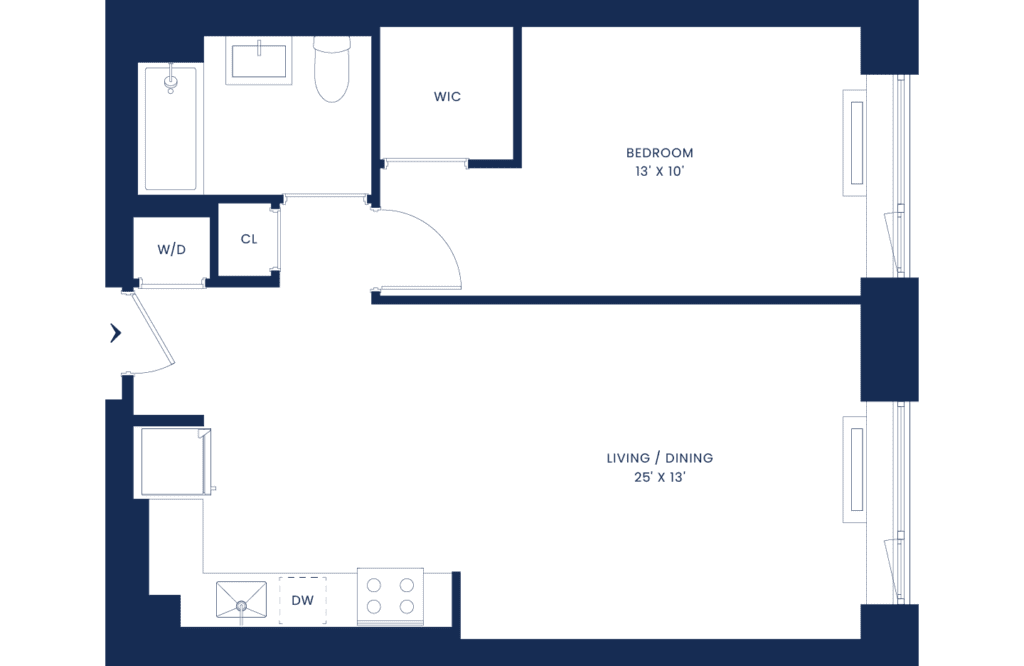Classic 1 Bedroom Floorplan West Tower Floors 2-12