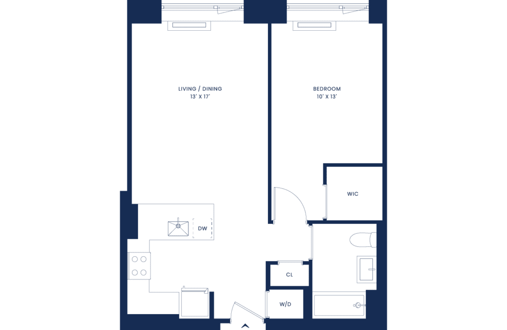 Classic 1 Bedroom Floorplan, West Tower, Floors 2-9