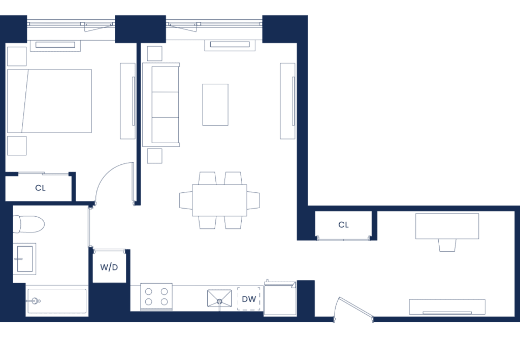 Modern 1 Bedroom + Home Office West Tower Floorplan Floors 2-11