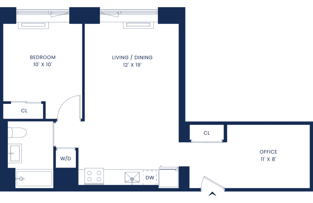 Modern 1 Bedroom + Home Office West Tower Floorplan Floors 2-11